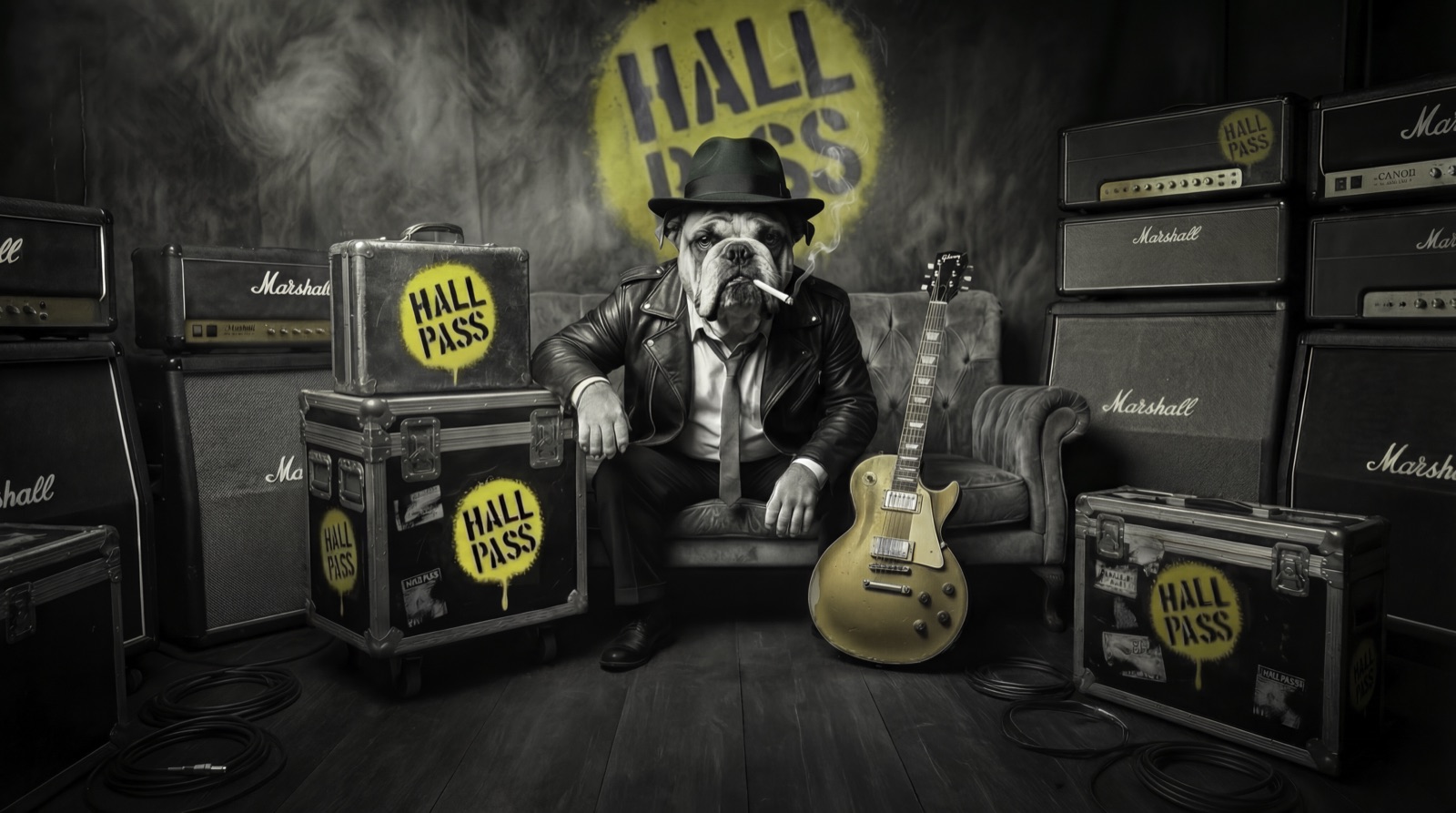 The Hall Pass bulldog among Marshall stacks, road cases, and a gold-top guitar