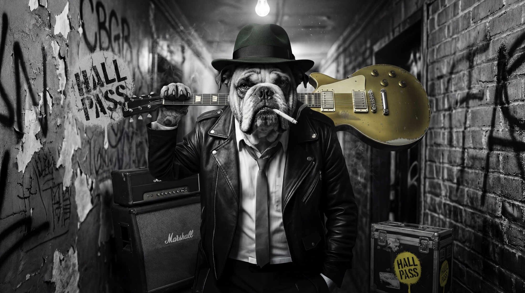 The Hall Pass bulldog in a green fedora and leather jacket holding a cigar in a graffiti-tagged hallway with a Les Paul and Marshall amp