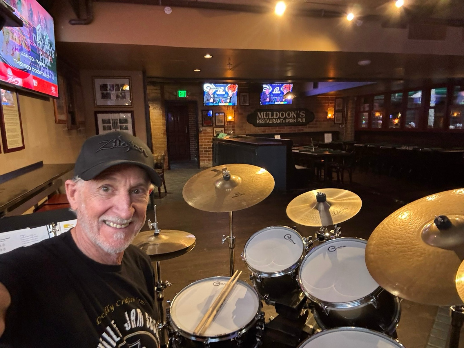 Hall Pass drummer Ron Robertson behind the kit at Muldoon's