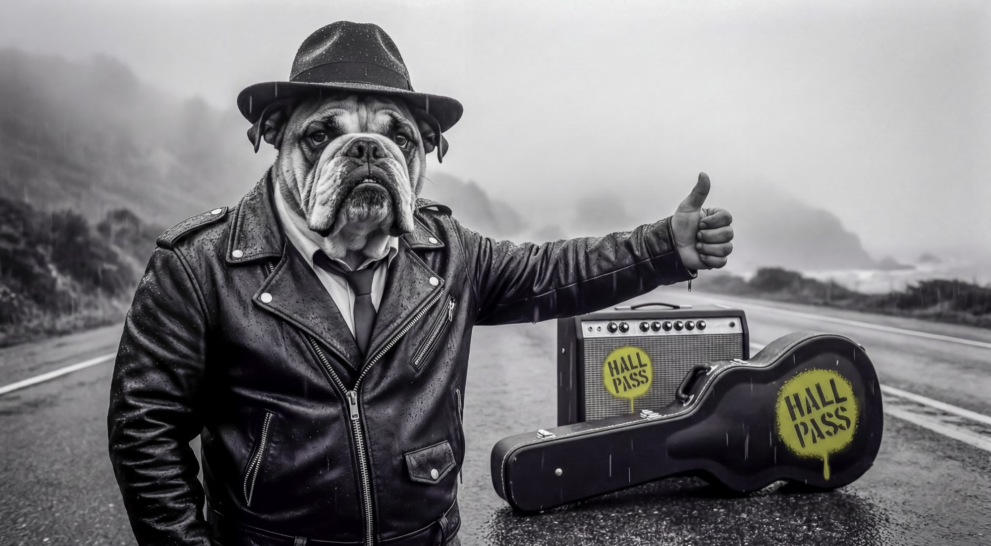 The Hall Pass bulldog in a green fedora and leather jacket hitchhiking on a foggy coast road with an amp and HALL PASS guitar case