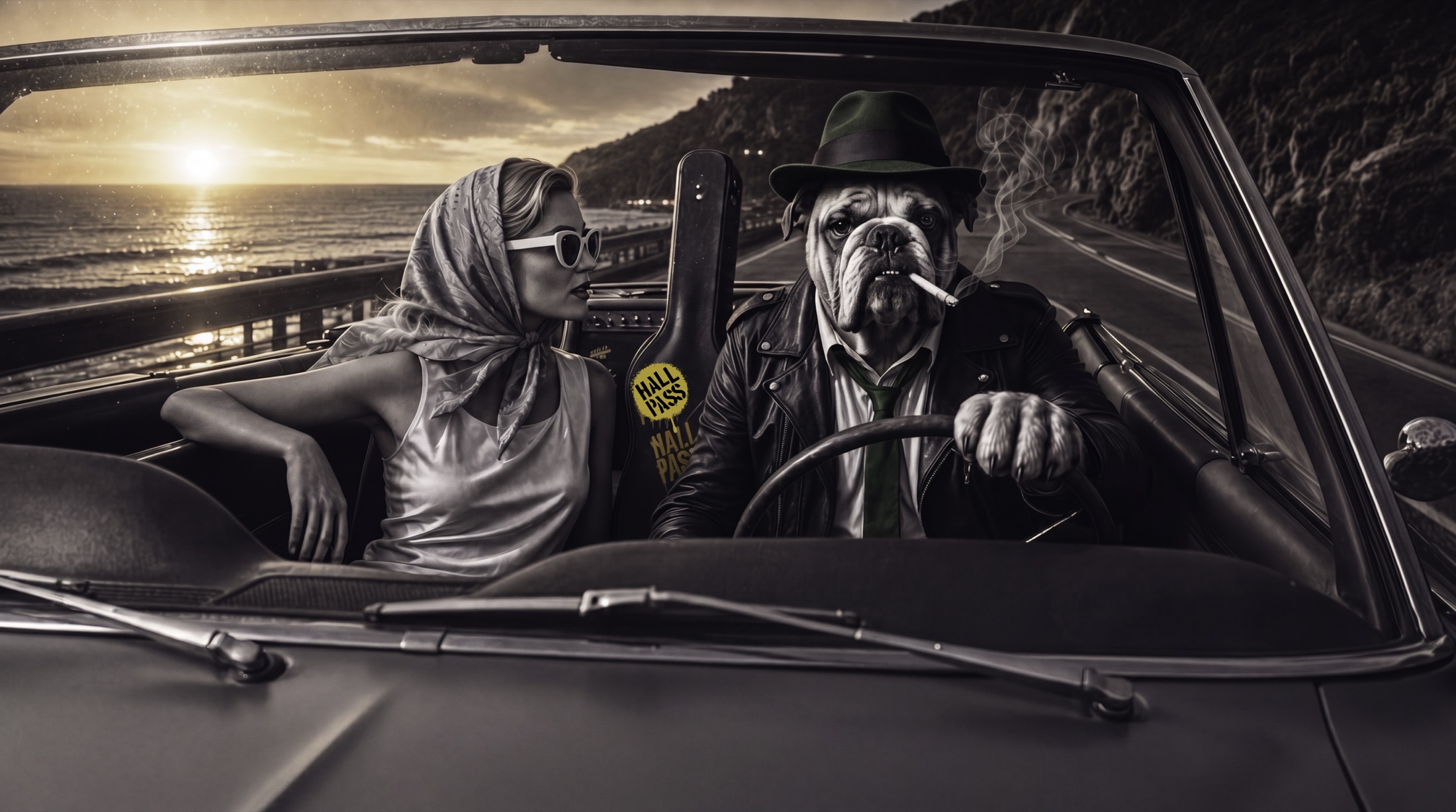 The Hall Pass bulldog driving a convertible down the Pacific Coast Highway at sunset with a passenger